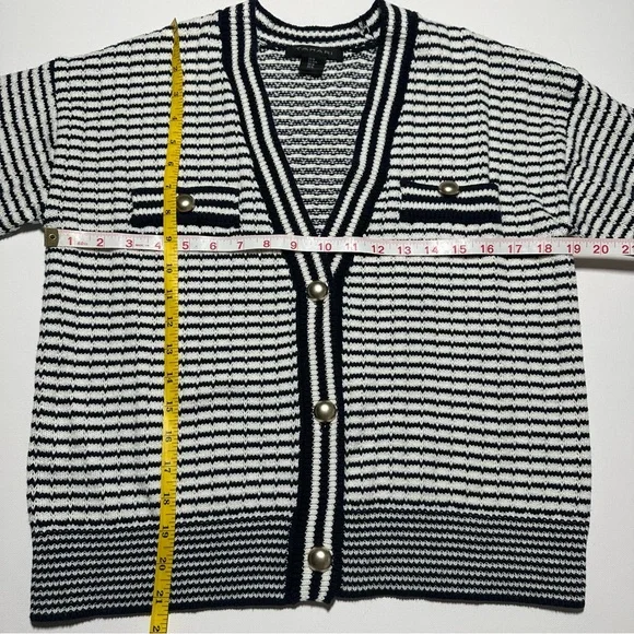 Tahari Knit V-Neck Cardigan; Black/White Stripes; Silver Accents - Women Medium - Picture 11 of 15